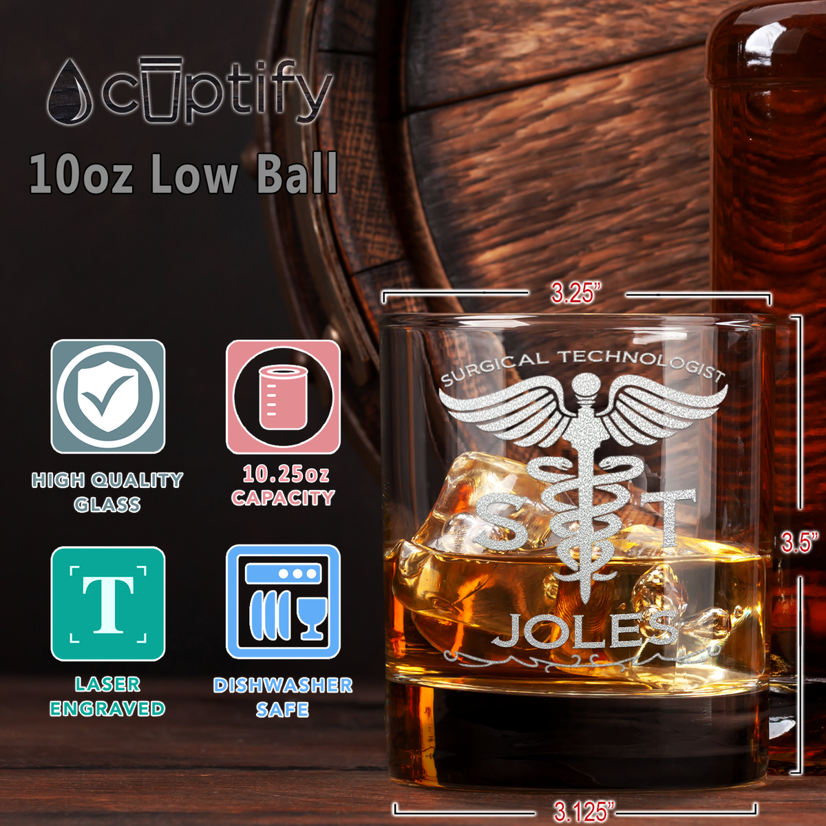 Personalized ST Surgical Technologist Etched on 10.25oz Old Fashion Glass