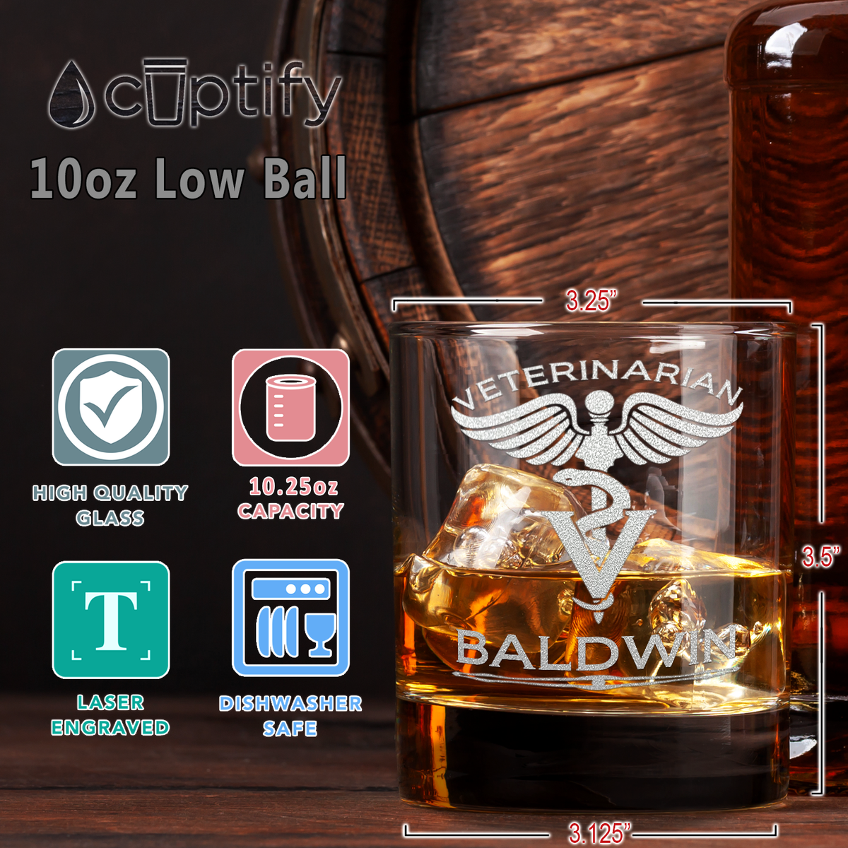 Personalized Veterinarian Etched on 10.25oz Old Fashion Glass