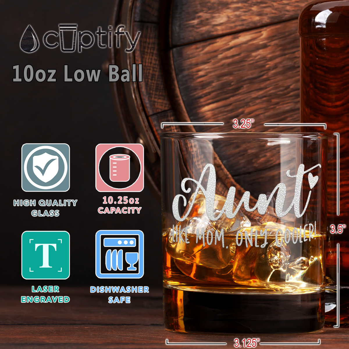 Aunt Like Mom, Only Cooler! Etched 10.25 oz Old Fashioned Glass