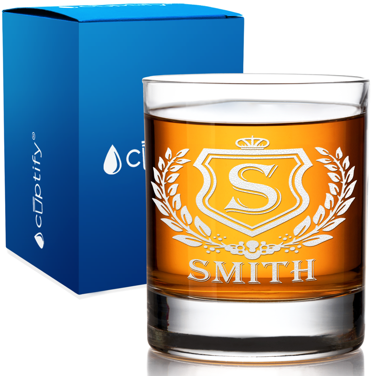 Personalized Monogram Initial Badge Etched 10.25oz Old Fashion Glass