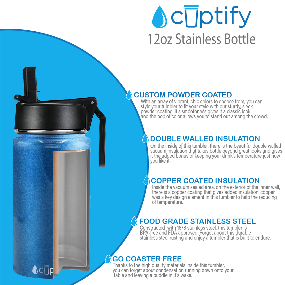 12oz Baby Blue Glitter Wide Mouth Water Bottle With Straw Lid