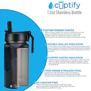 12oz Black Glitter Wide Mouth Water Bottle With Straw Lid
