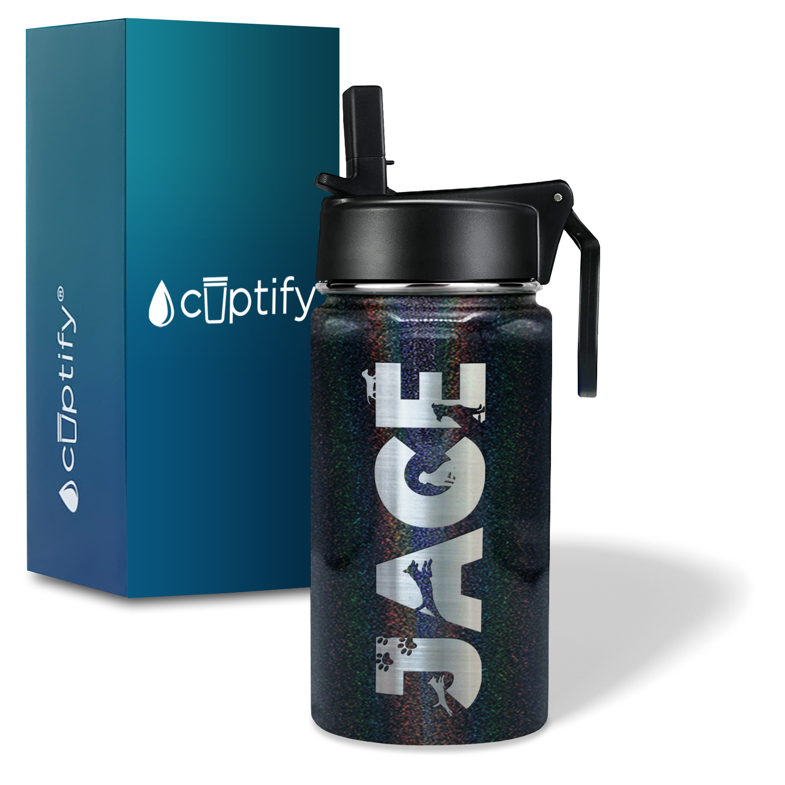 Boys Personalized Black Glitter 12oz Wide Mouth Water Bottle