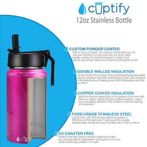 12oz Hot Pink Glitter Wide Mouth Water Bottle With Straw Lid