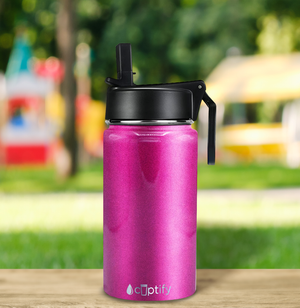 12oz Hot Pink Glitter Wide Mouth Water Bottle With Straw Lid