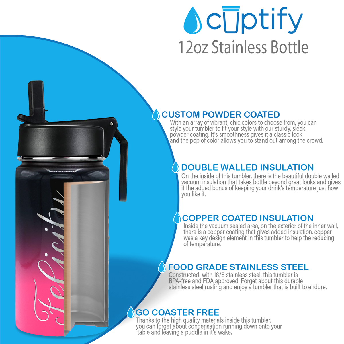 Cuptify Personalized Laser Engraved on Panther Ombre 12 oz Sports Bottle