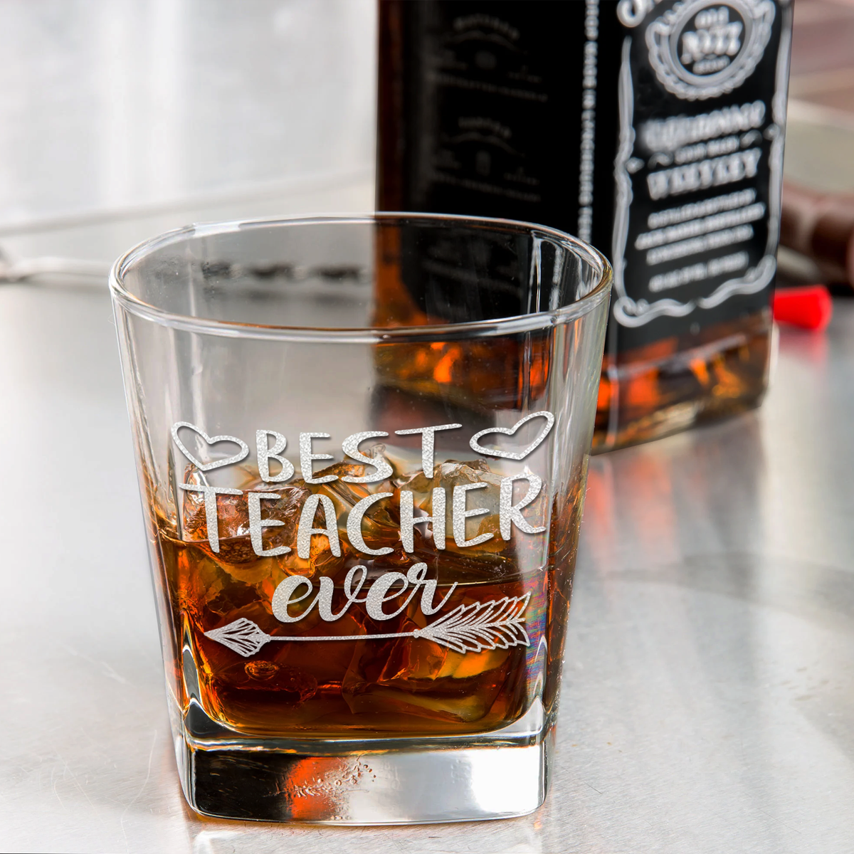 Best Teacher Ever Arrow on 12oz Double Old Fashioned Glass