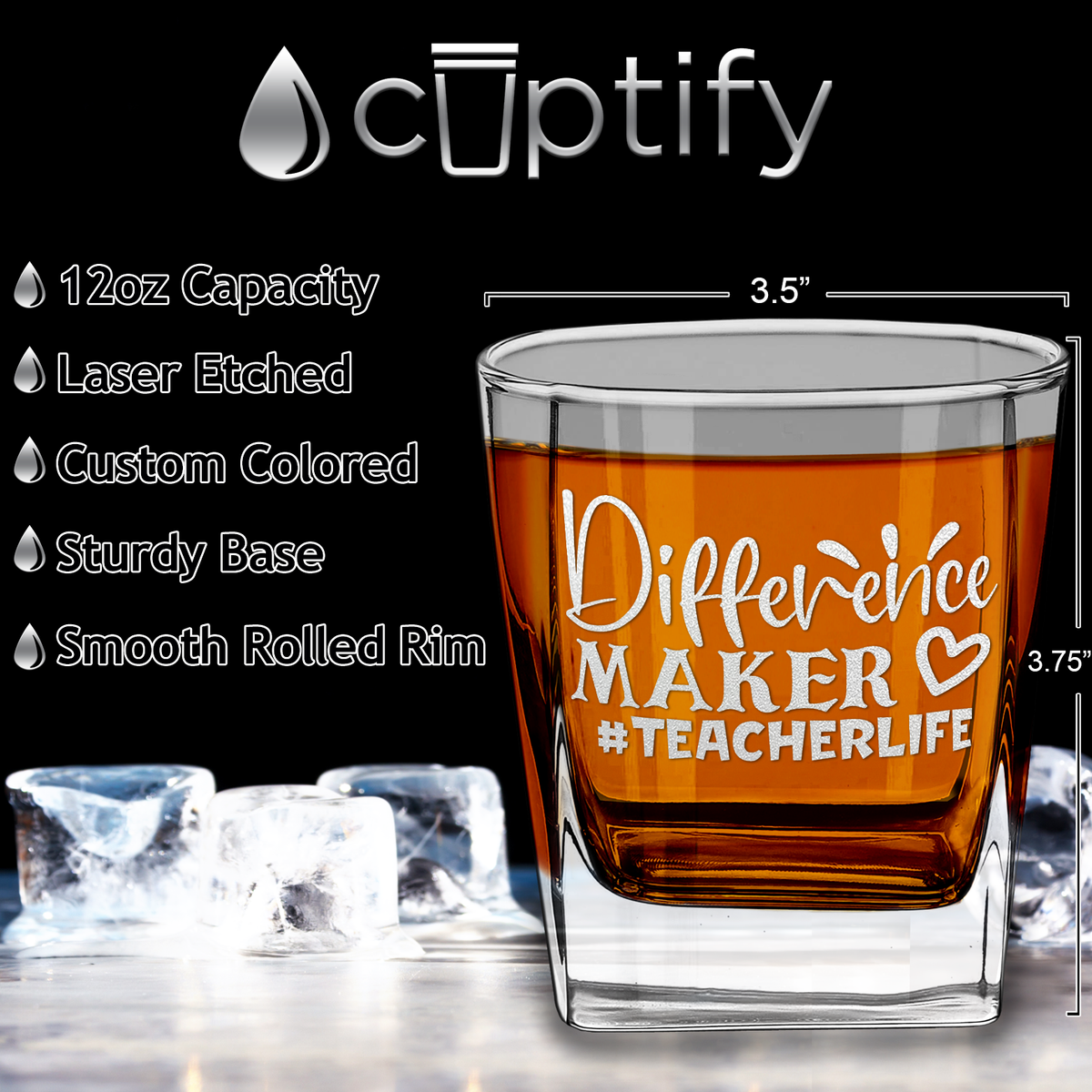 Difference Maker #Teacherlife on 12oz Double Old Fashioned Glass