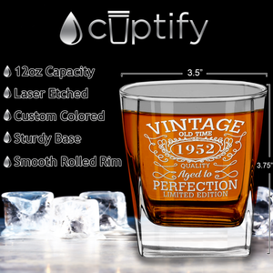 70th Birthday Vintage 70 Years Old Time 1952 Quality Etched on 12oz Double Old Fashioned Glass