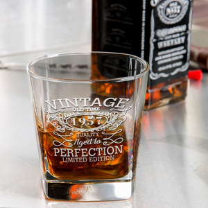 65th Birthday Vintage 65 Years Old Time 1957 Quality Etched on 12oz Double Old Fashioned Glass