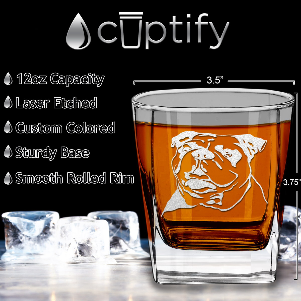 Bulldog Head on 12oz Double Old Fashioned Glass