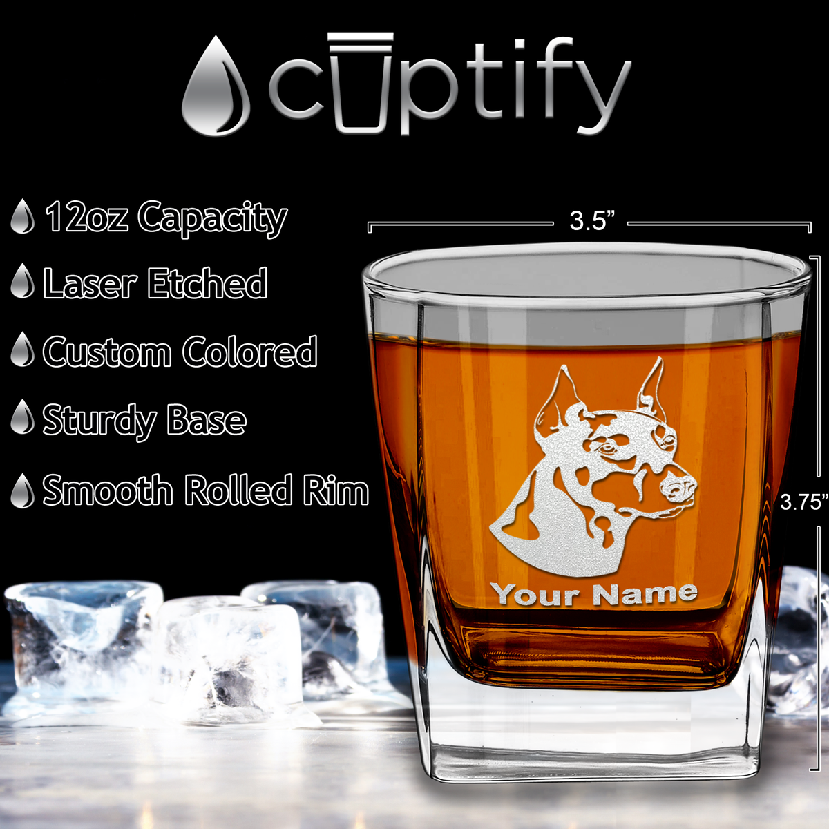 Personalized Doberman Pinscher on 12oz Double Old Fashioned Glass