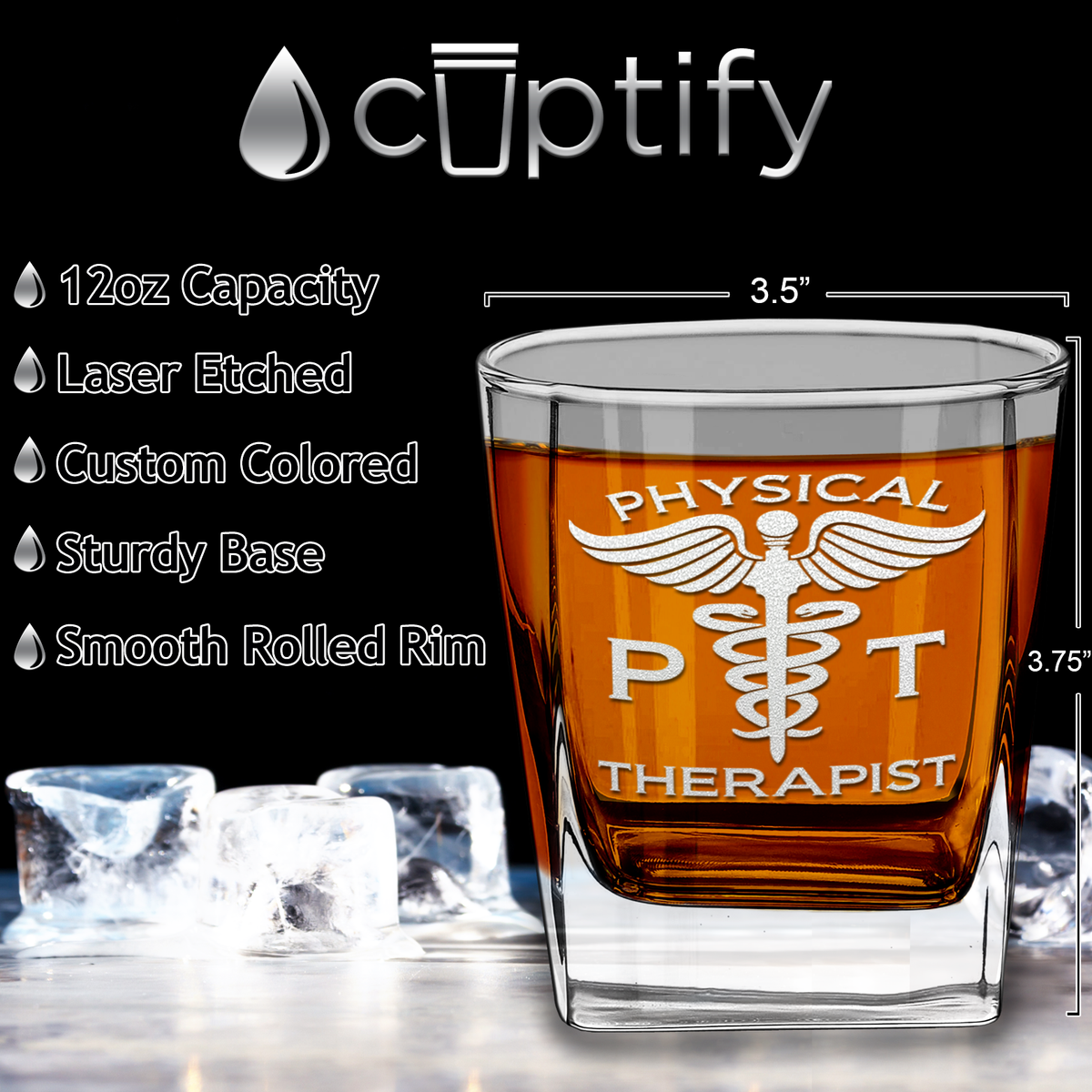 PT Physical Therapist on 12oz Double Old Fashioned Glass