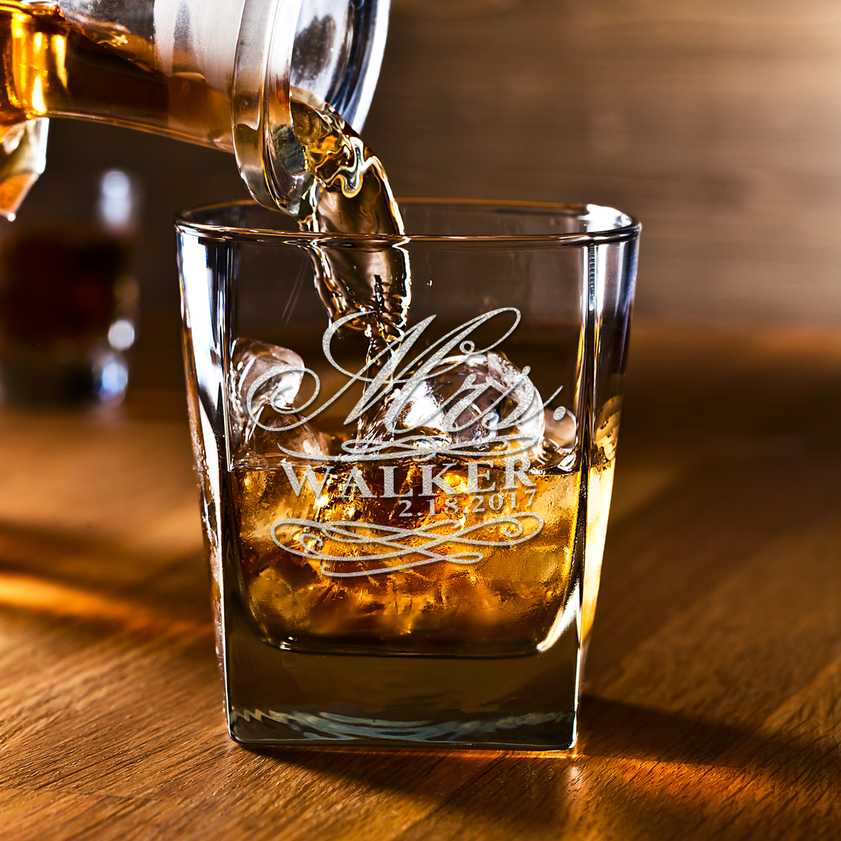 Personalized Swirls Mrs. Wedding Gift on 12oz Double Old Fashioned Glass