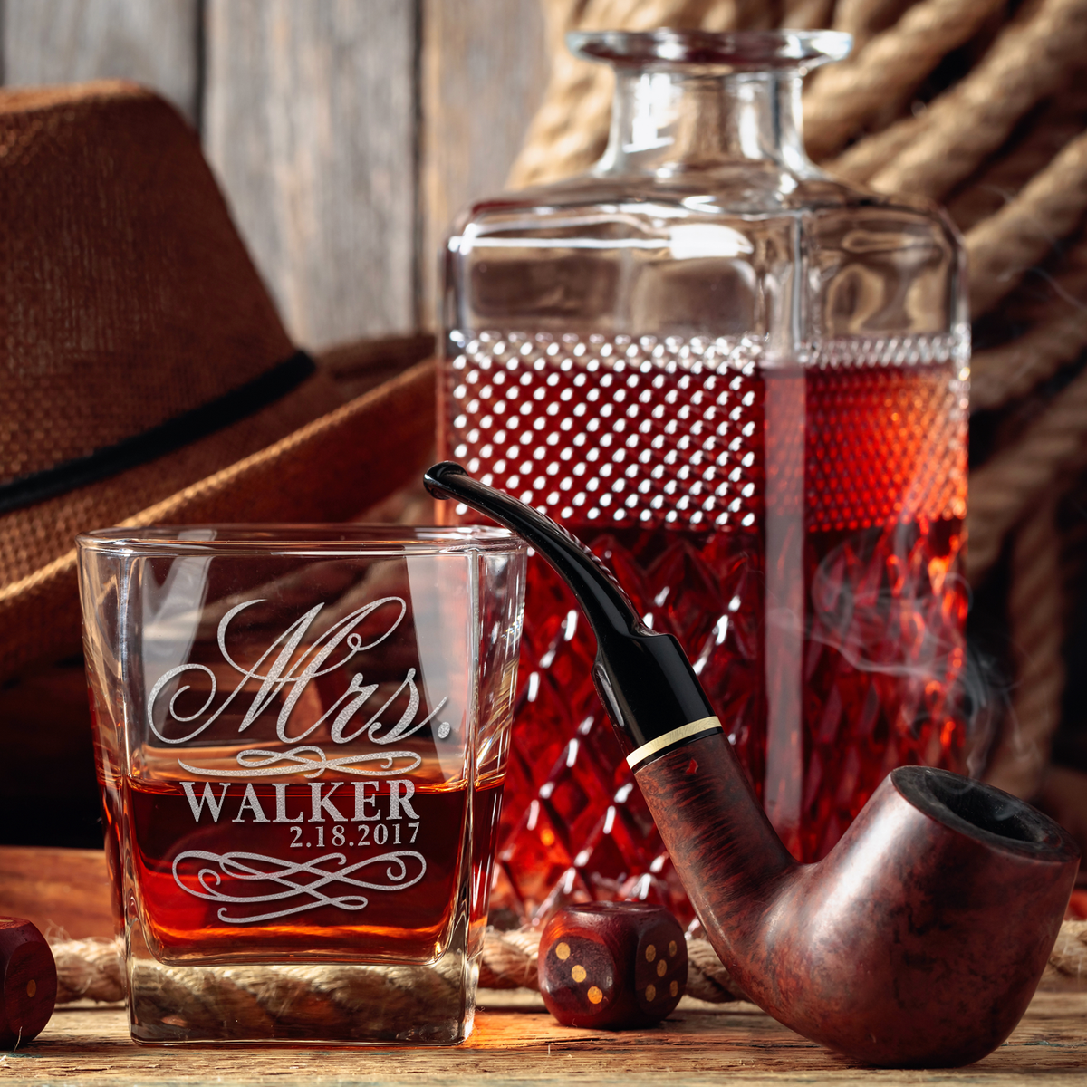 Personalized Swirls Mrs. Wedding Gift on 12oz Double Old Fashioned Glass