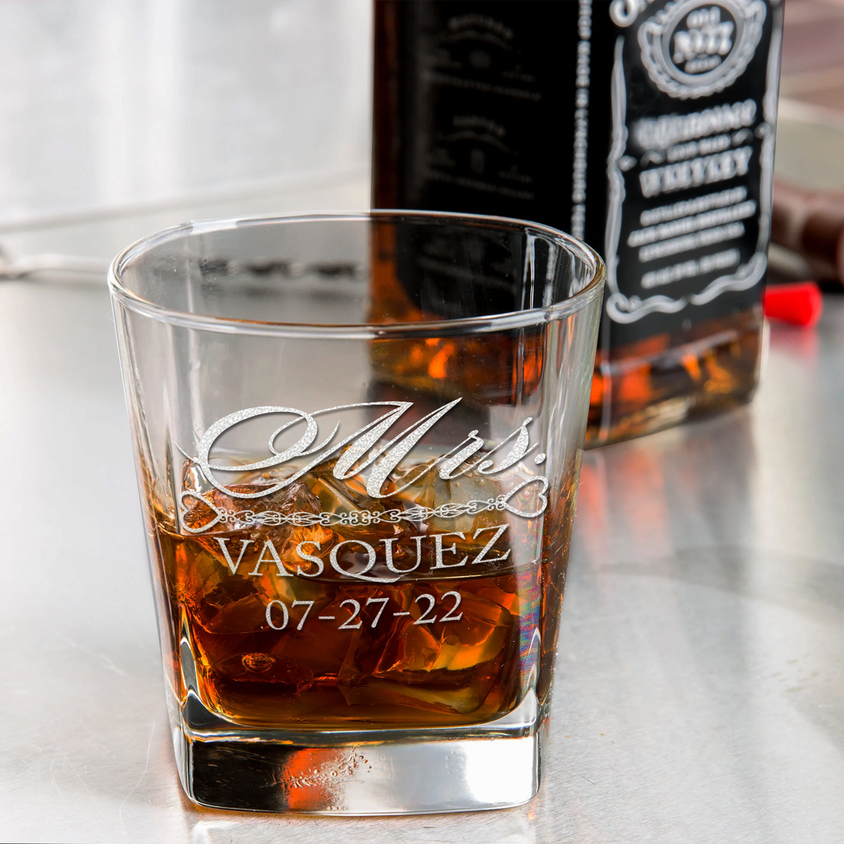 Personalized Hearts Mrs. Wedding Gift on 12oz Double Old Fashioned Glass