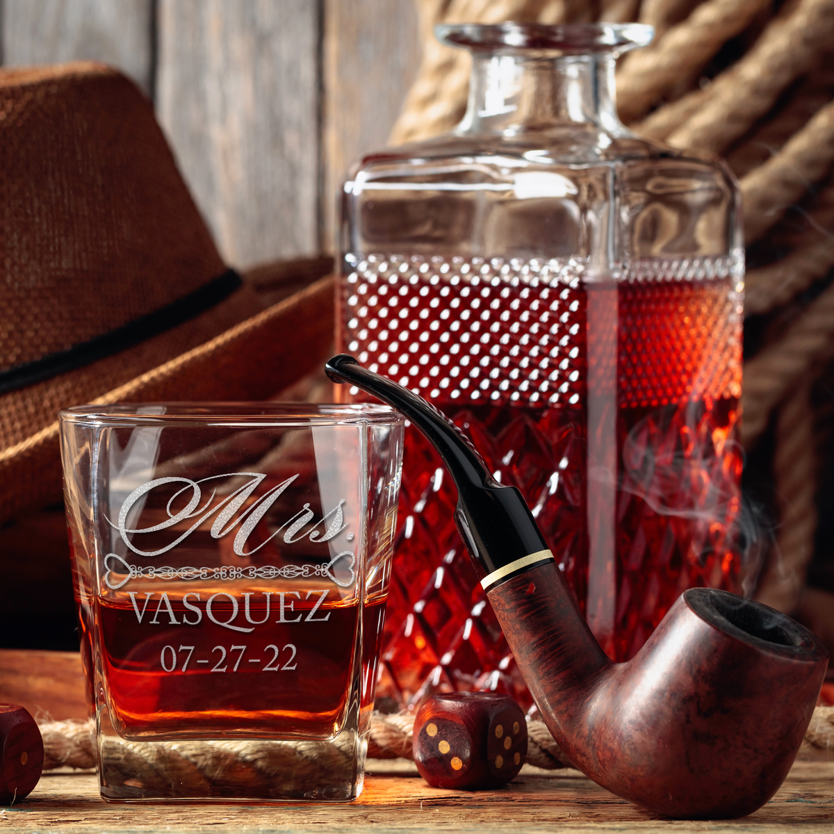 Personalized Hearts Mrs. Wedding Gift on 12oz Double Old Fashioned Glass