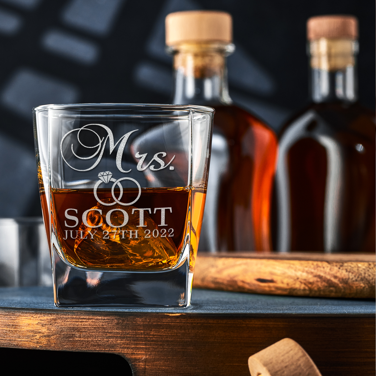 Personalized Wedding Rings Mrs. on 12oz Double Old Fashioned Glass