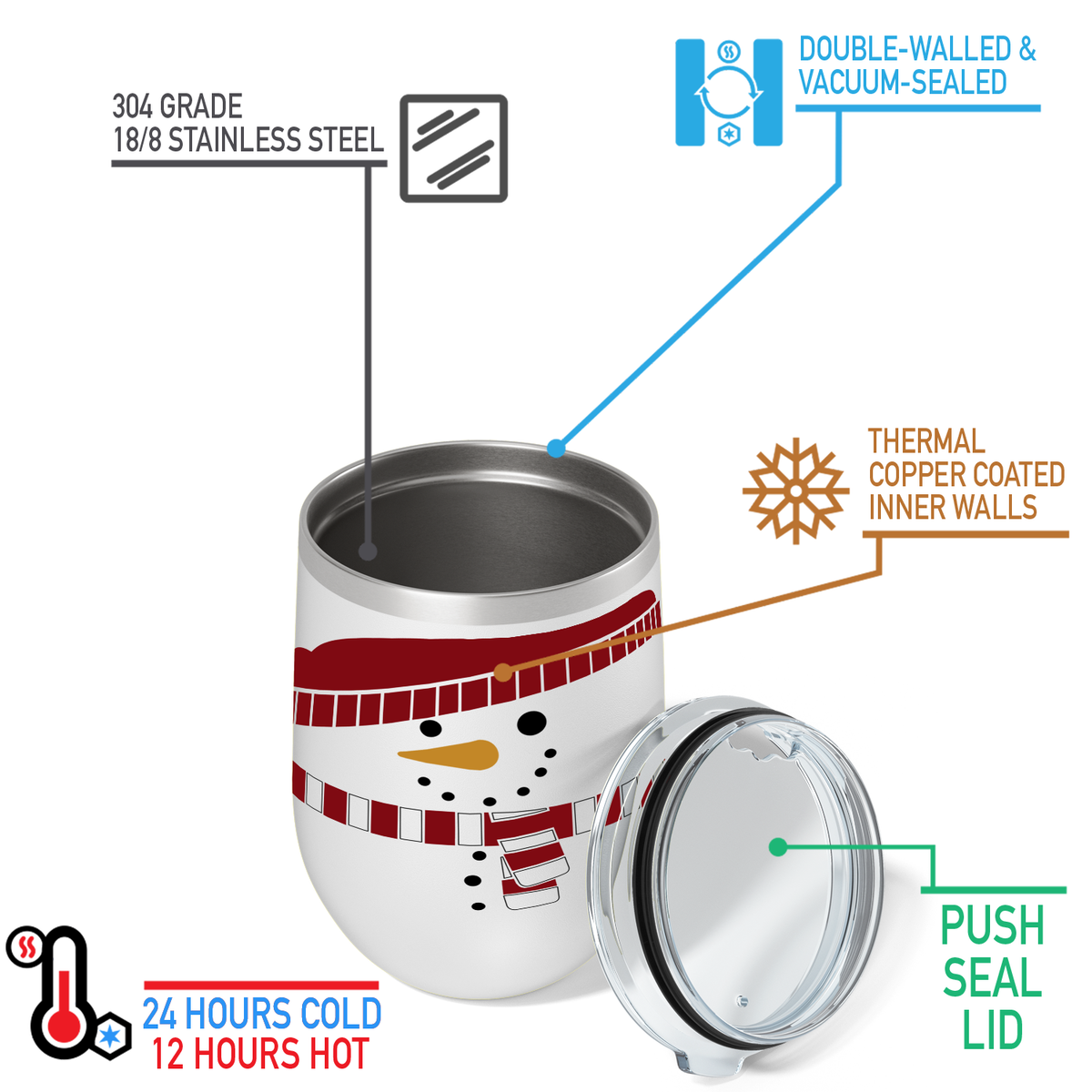 Holiday Snowman on 12oz Christmas Wine Tumbler