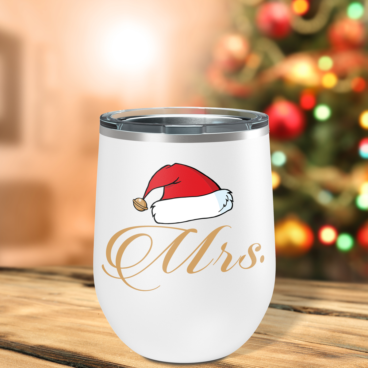 Mrs Claus with Santa Hat on 12oz Christmas Wine Tumbler