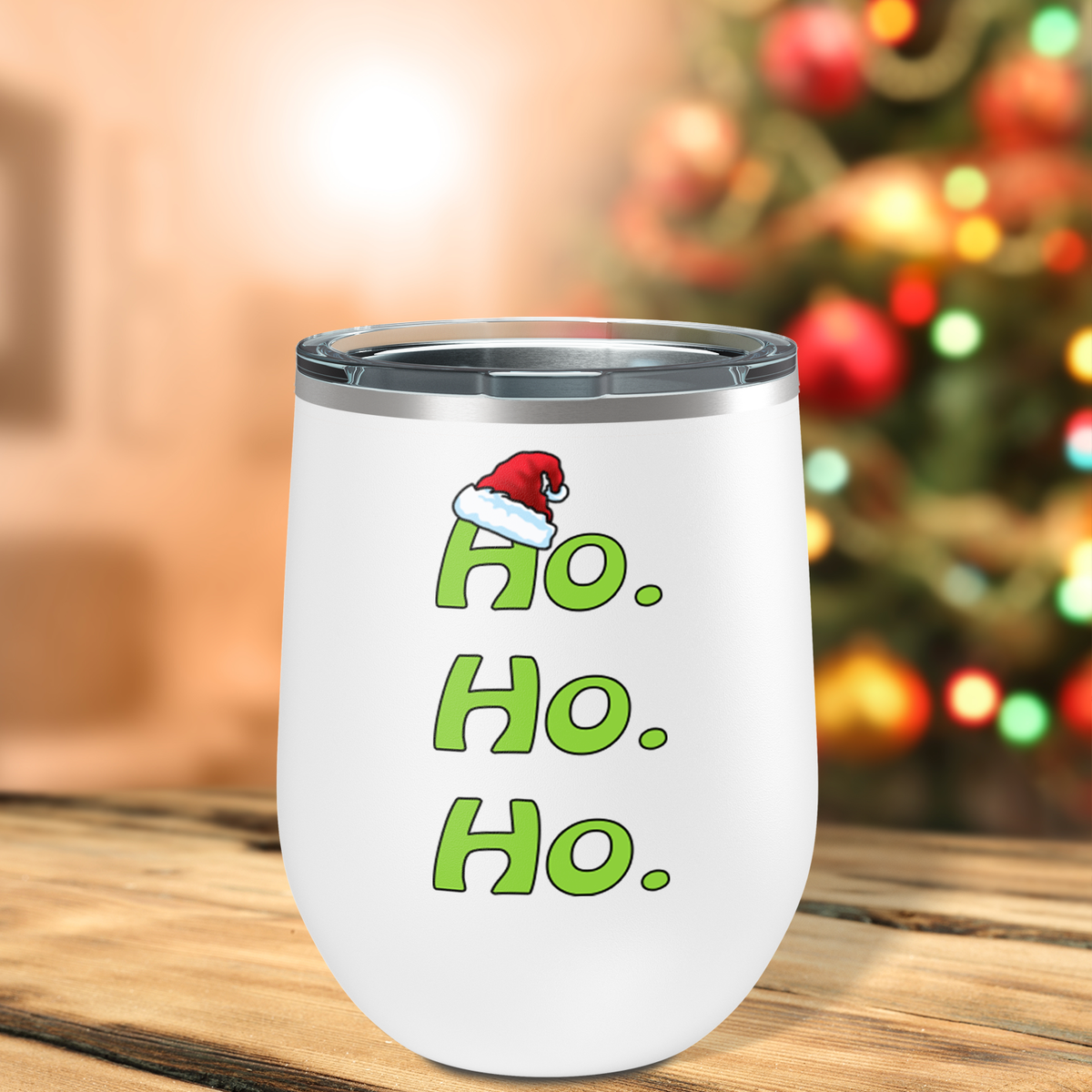 Ho Ho Ho with Santa Hat on 12oz Christmas Wine Tumbler