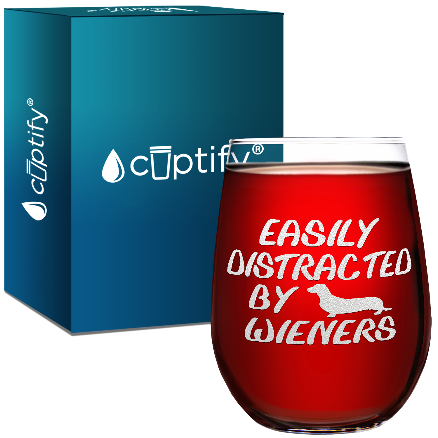 Easily Distracted by Wieners Laser Engraved on 15 oz Stemless Wine Glass
