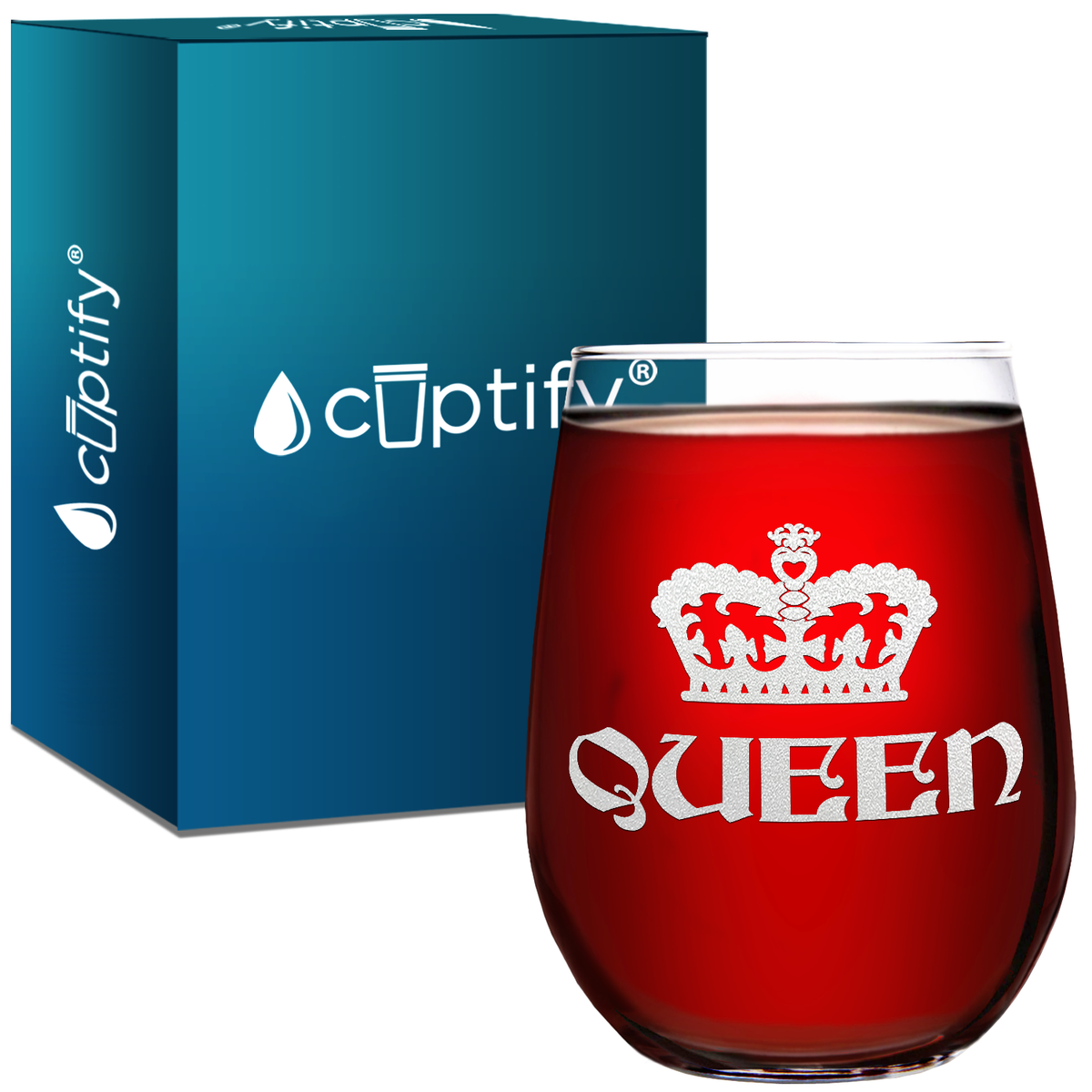Queen Crown Laser Engraved on 15 oz Stemless Wine Glass