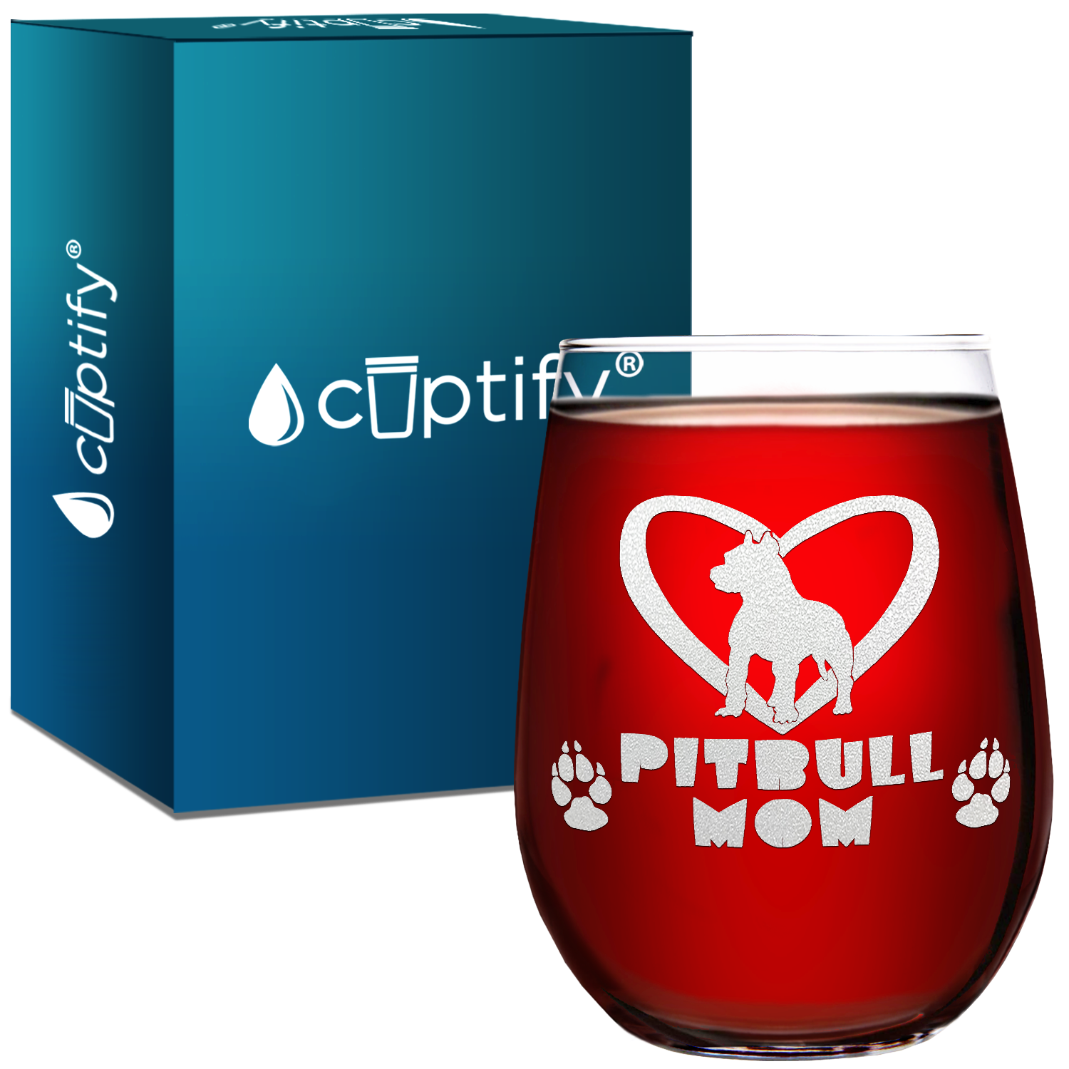 Pitbull Mom Laser Engraved on 15 oz Stemless Wine Glass