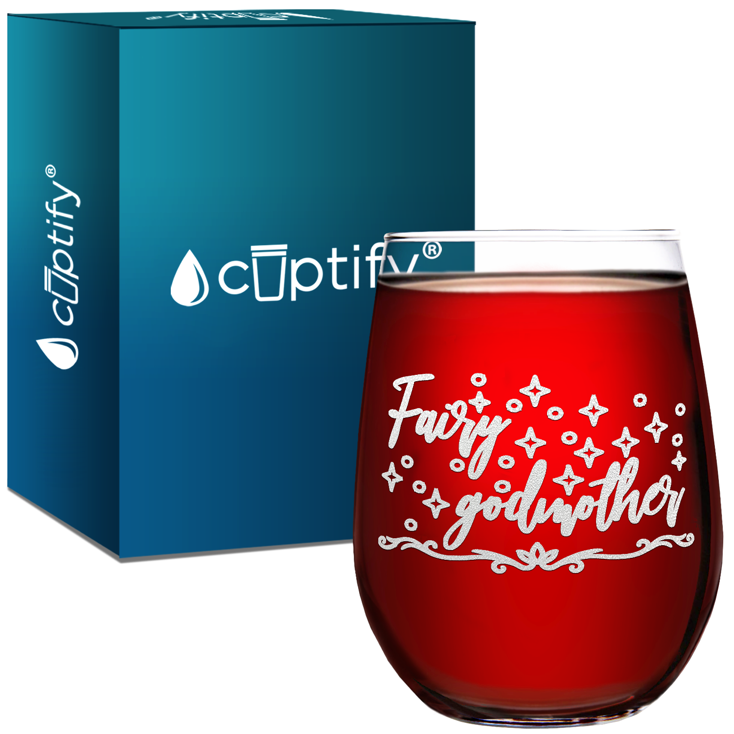 Fairy Godmother Laser Engraved on 15 oz Stemless Wine Glass