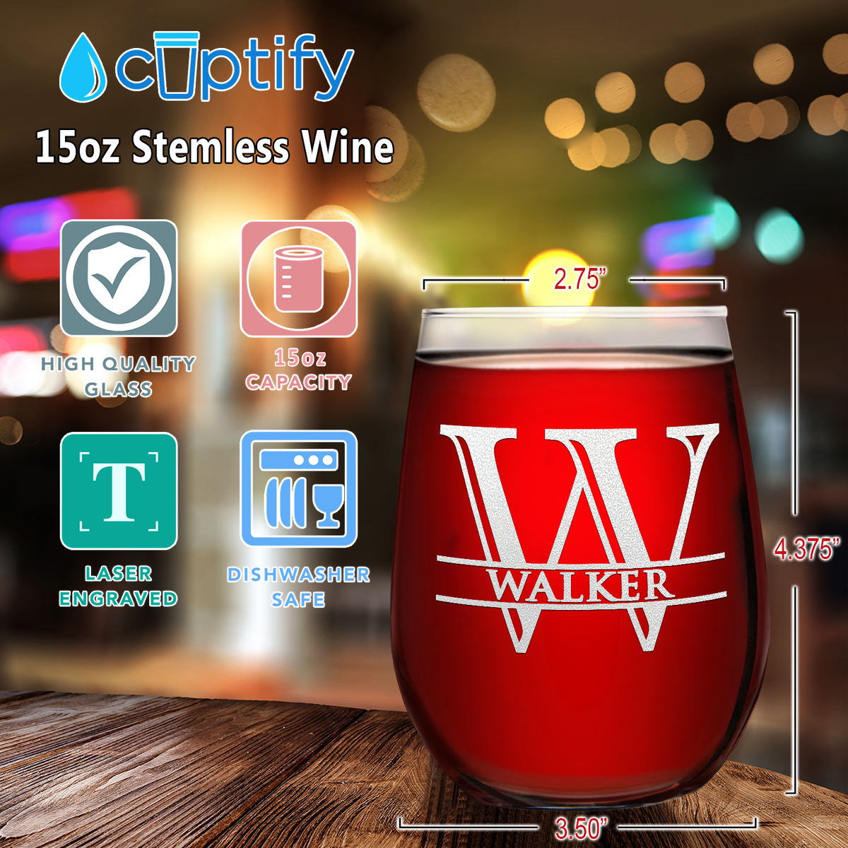 InitialMonogram with Name or Surname Engraved 15 oz Stemless Wine Glass