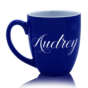 Cuptify Personalized Laser Engraved on Blue 16 oz Ceramic Big Bistro Coffee Mug