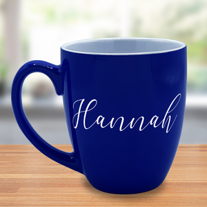 Cuptify Personalized Laser Engraved on Blue 16 oz Ceramic Big Bistro Coffee Mug