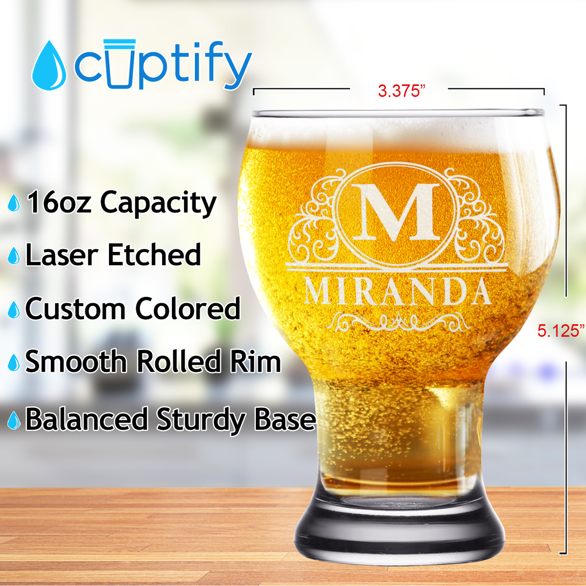 Personalized Elaborate Circle Etched 16 oz Craft Master Beer Glass