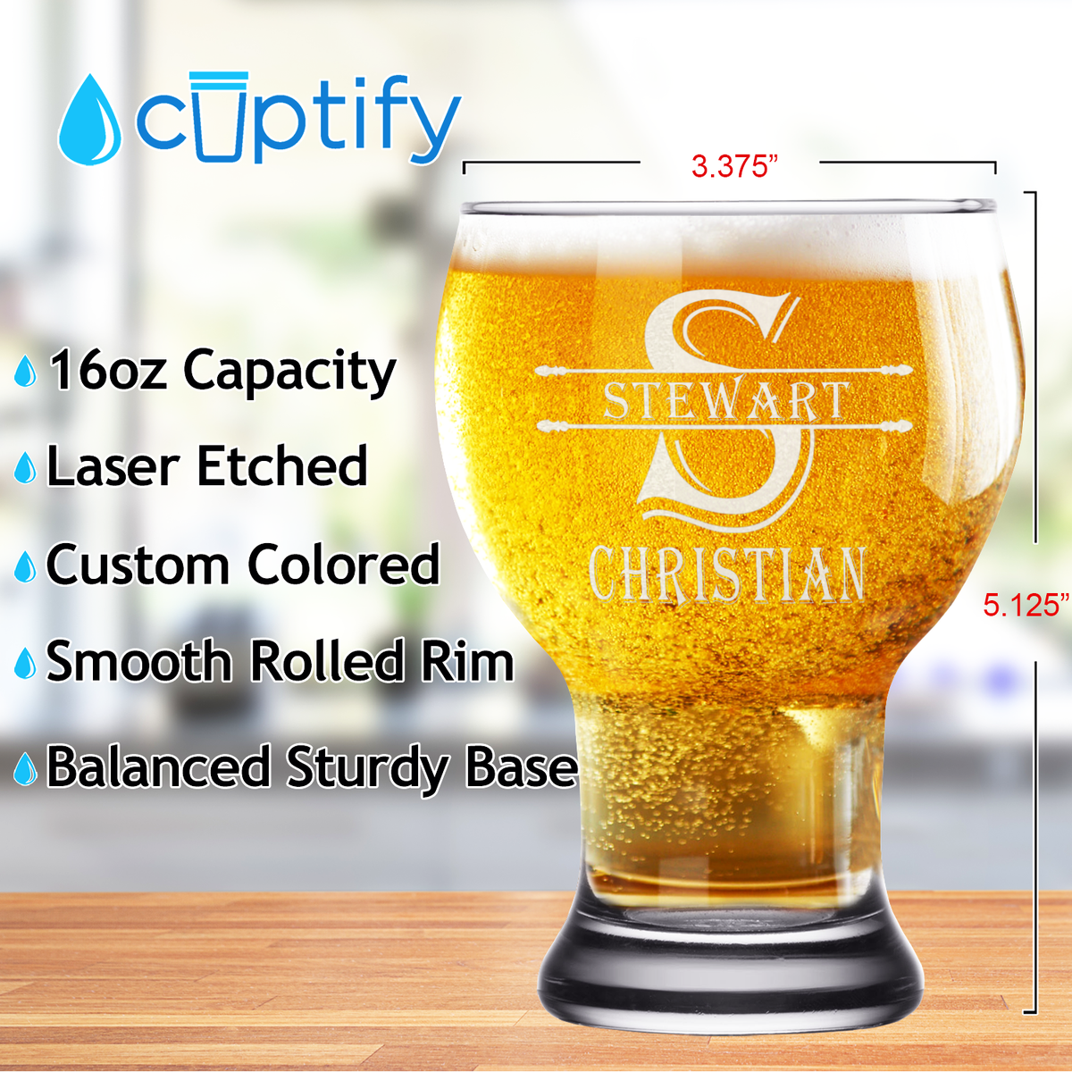 Personalized Initial Block Etched 16 oz Craft Master Beer Glass