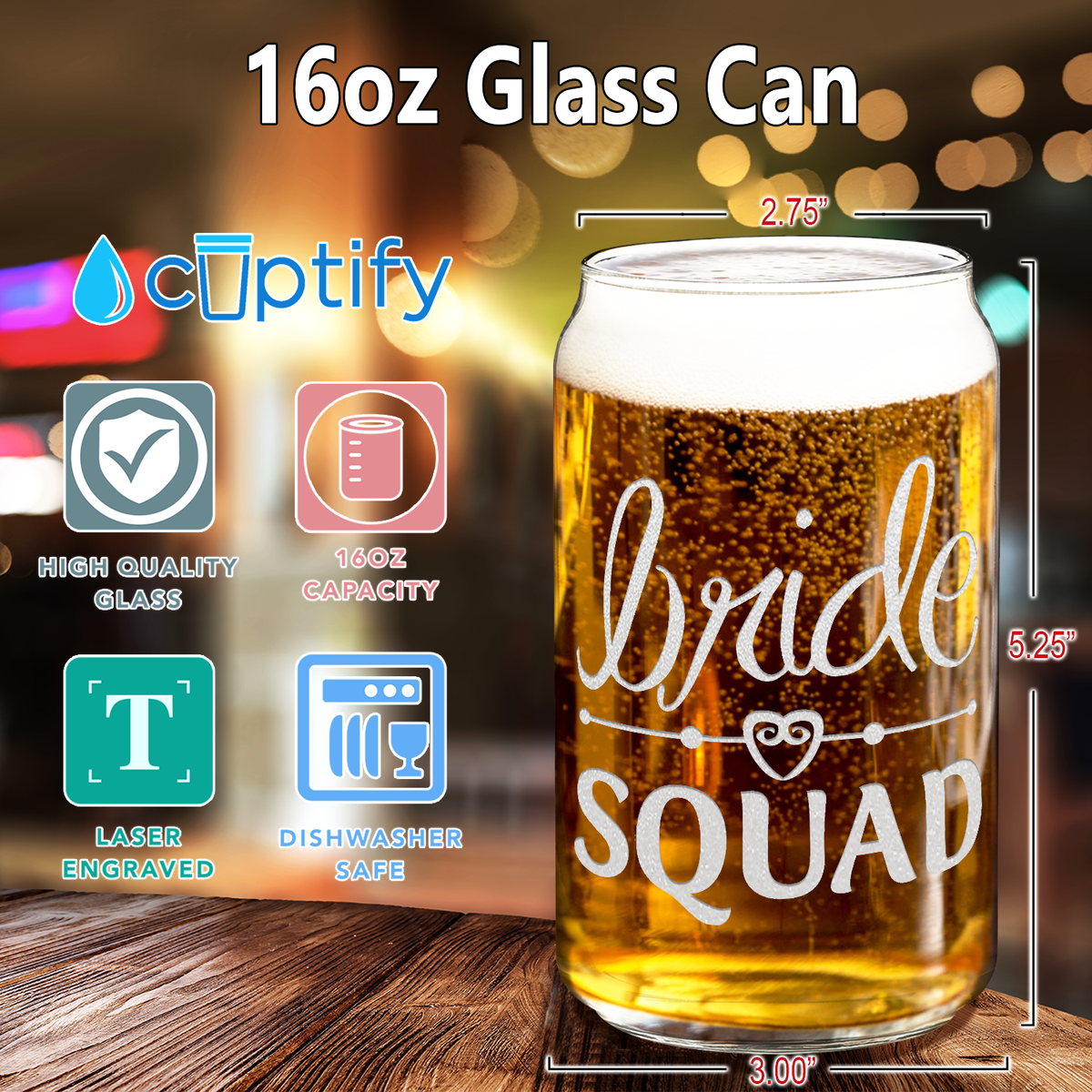  Bride Squad Heart Etched on 16 oz Beer Glass Can