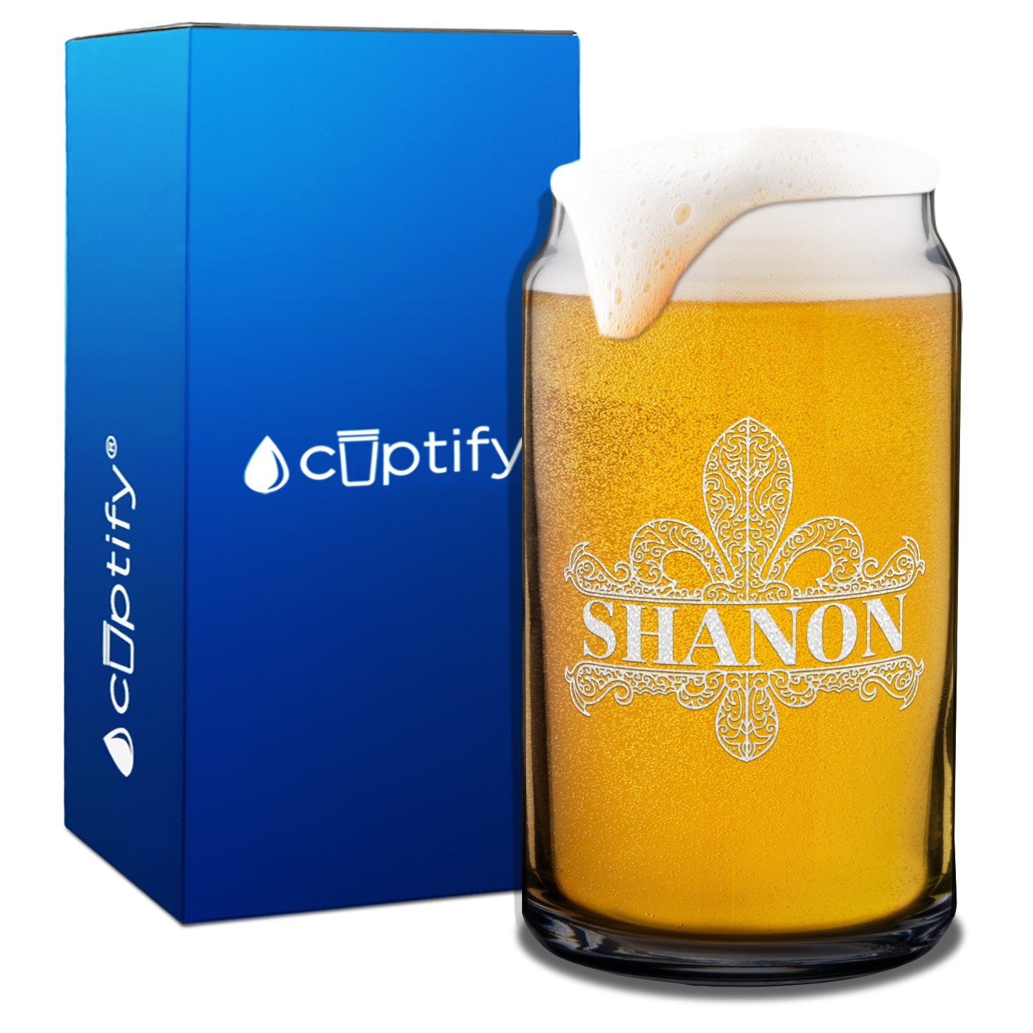 Personalized Fleur de Lis Etched 16oz Glass Can