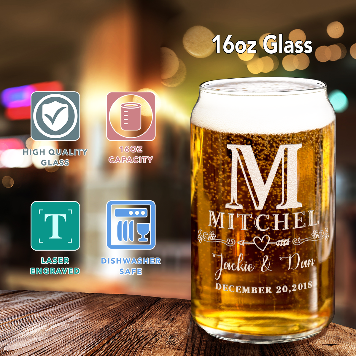 Personalized Monogram with Date Etched 16 oz Glass Can