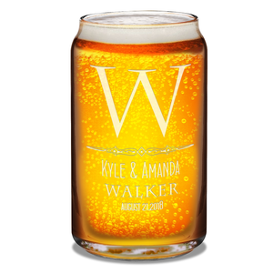 Personalized Classic Monogram Initial Date Etched 16 oz Glass Can