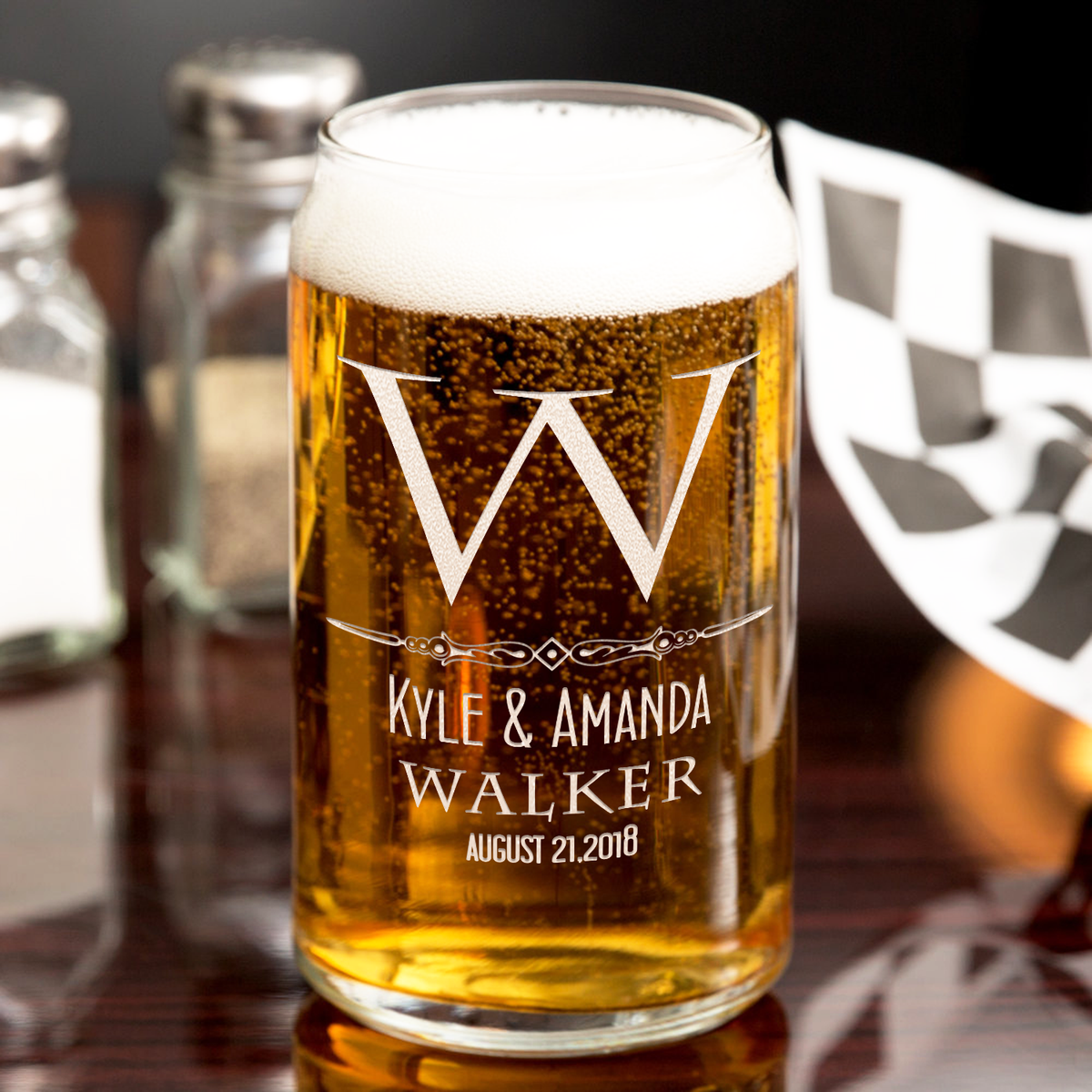 Personalized Classic Monogram Initial Date Etched 16 oz Glass Can