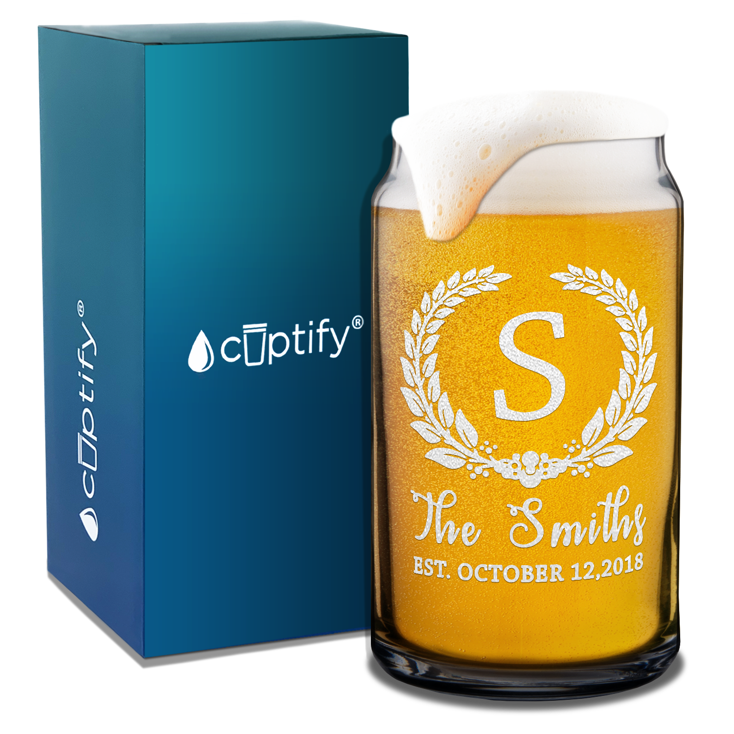 Personalized Crest Monogram Initial and Surname Anniversary Date Etched 16 oz Glass Can