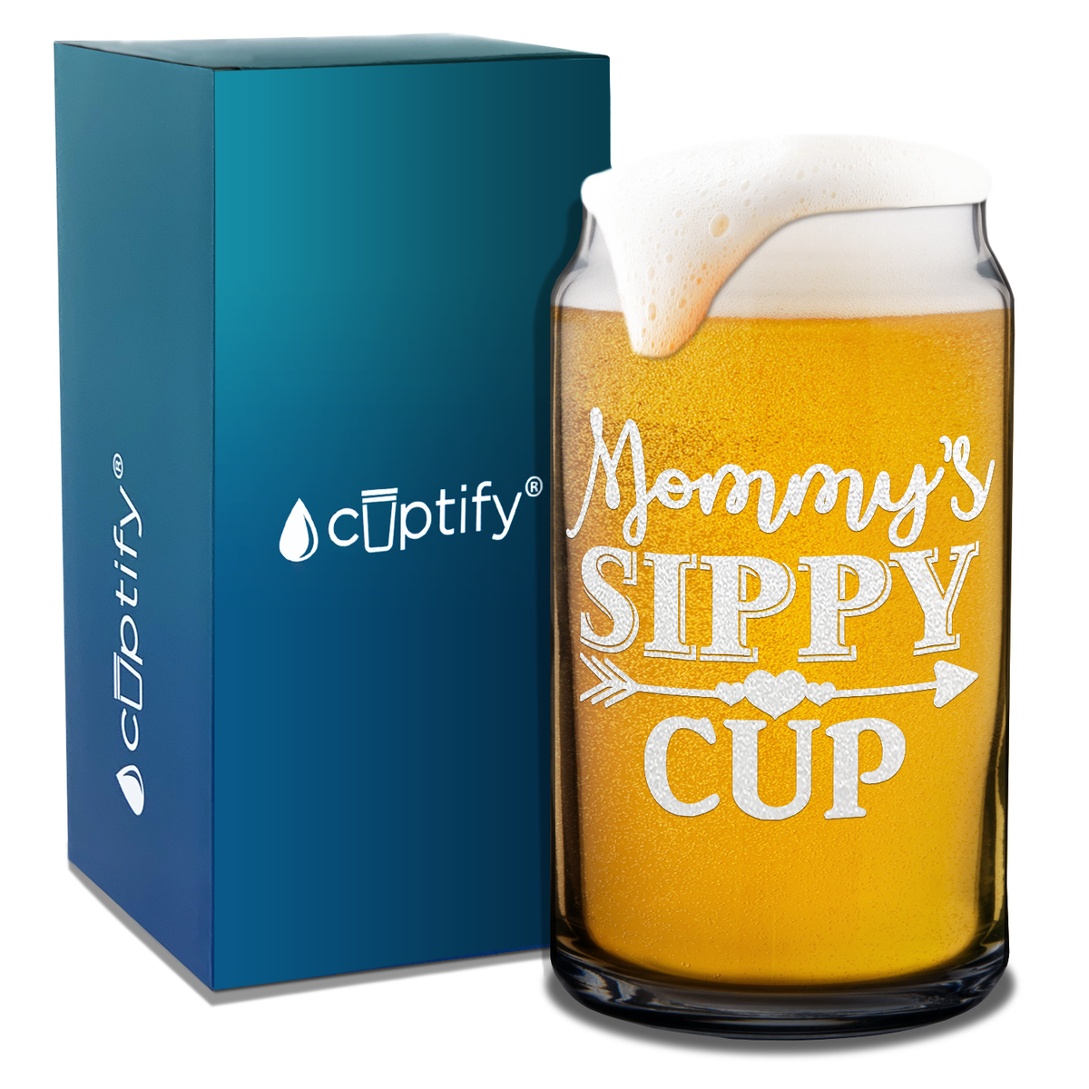  Mommy's Sippy Cup Arrow Etched on 16 oz Beer Glass Can