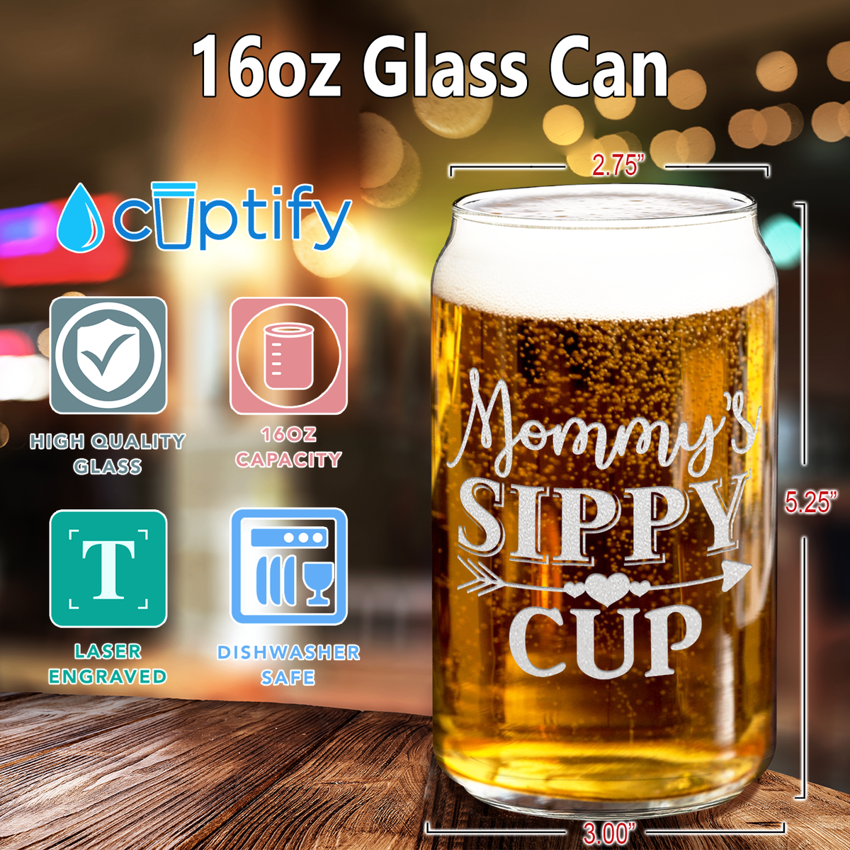  Mommy's Sippy Cup Arrow Etched on 16 oz Beer Glass Can