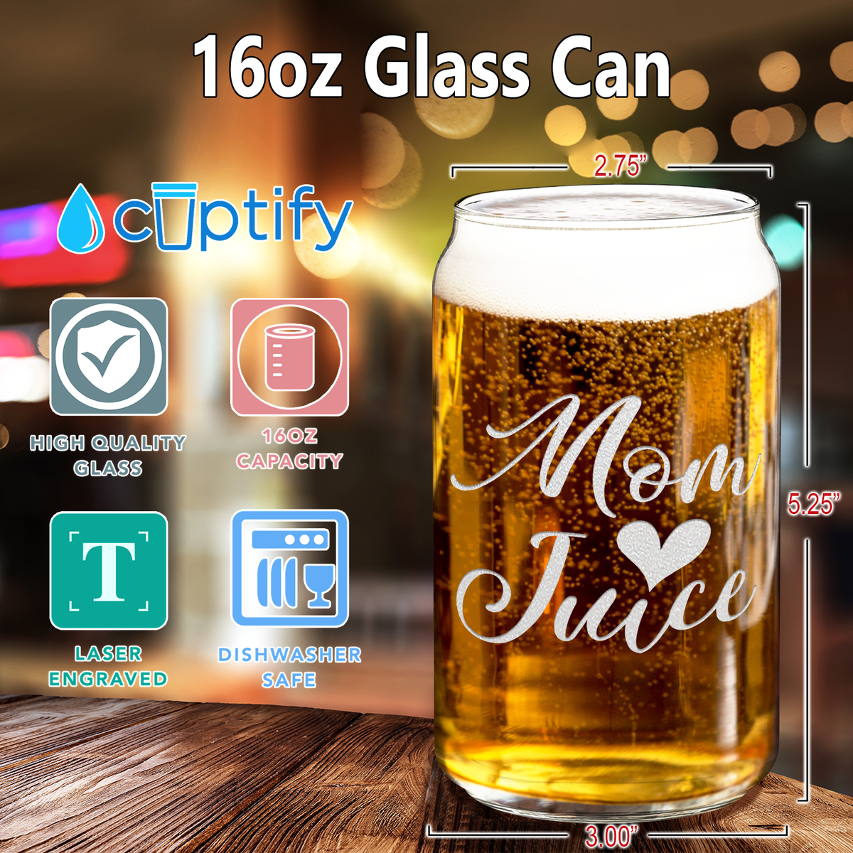  Mom Juice Etched on 16 oz Beer Glass Can