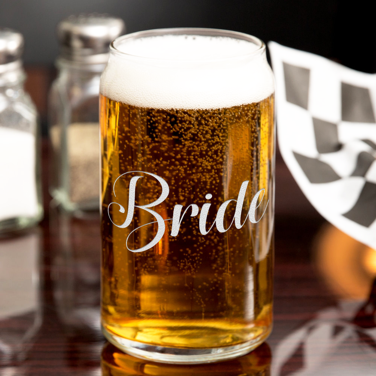  Bride Etched on 16 oz Beer Glass Can