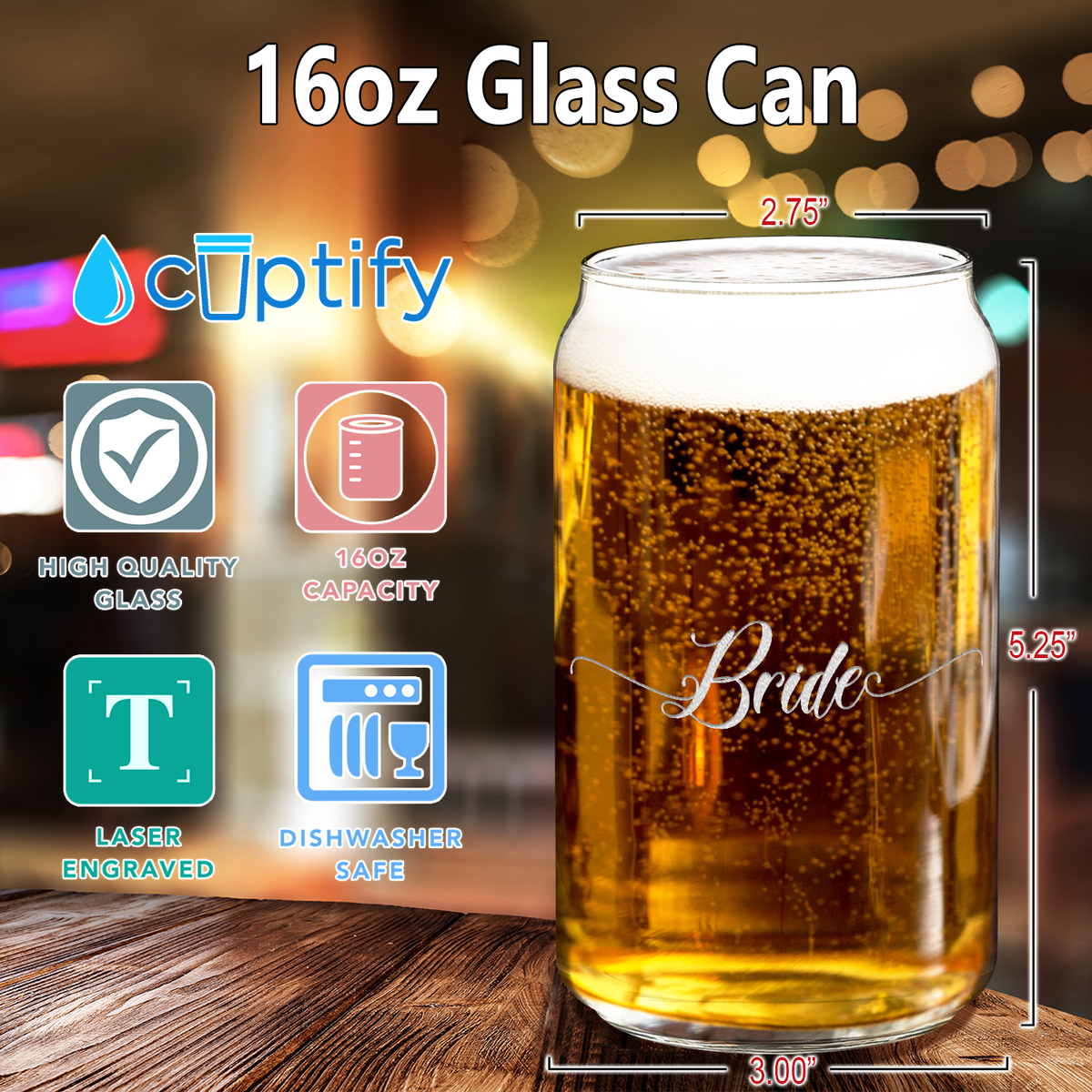  Elegant Bride Etched on 16 oz Beer Glass Can