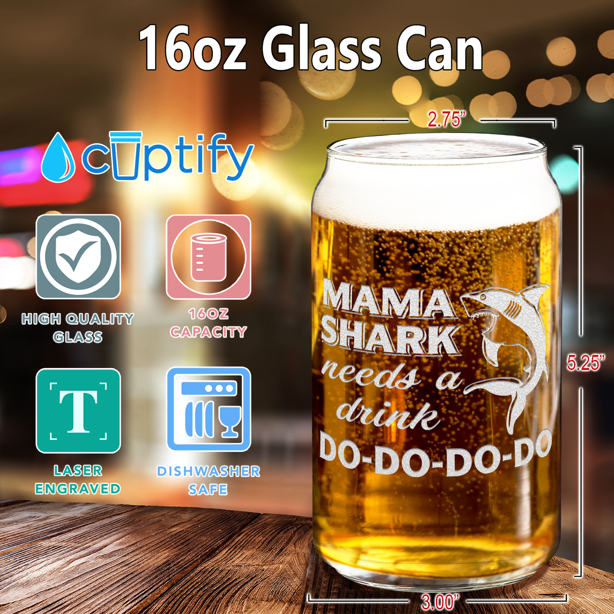  Mama Shark Needs A Drink Etched on 16 oz Beer Glass Can