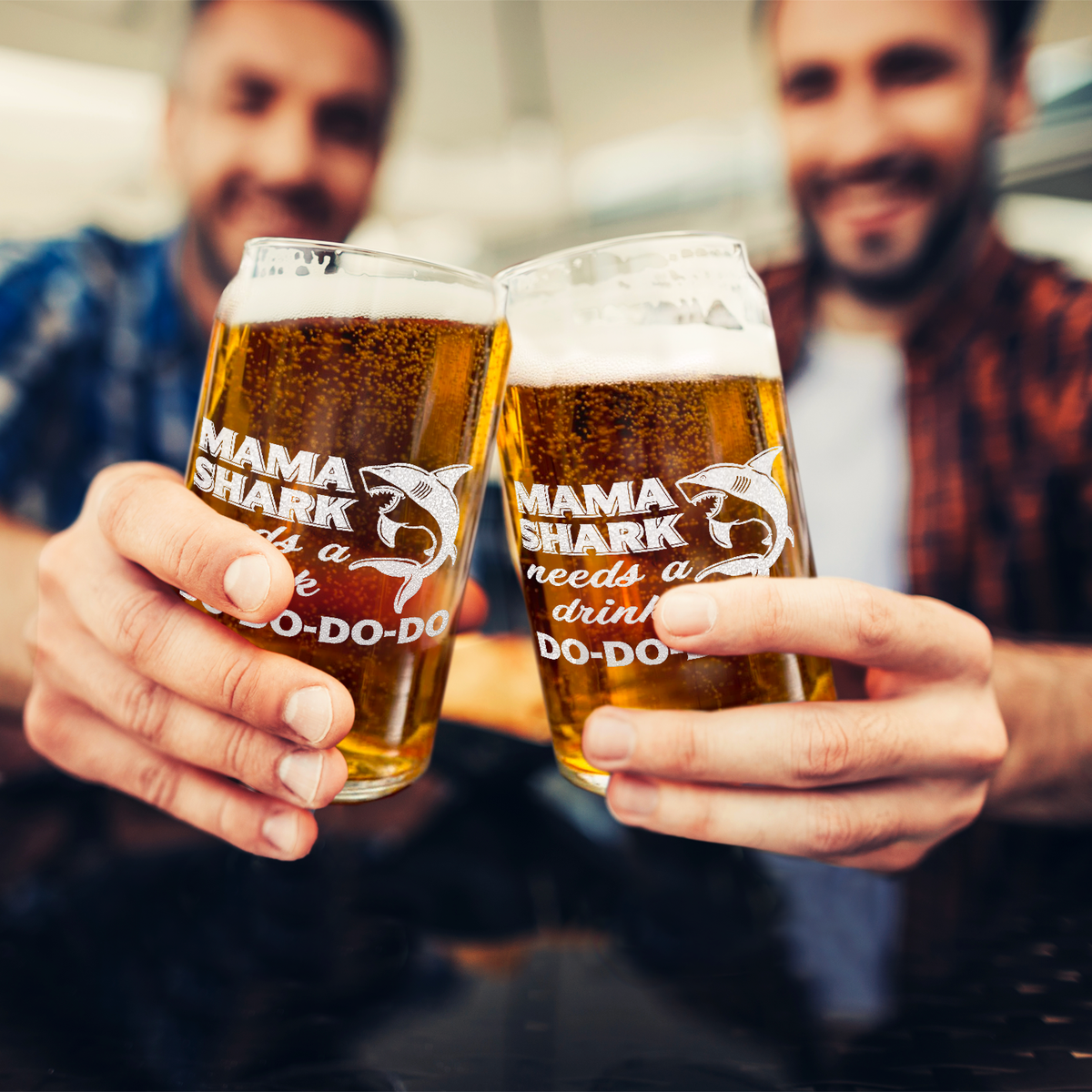  Mama Shark Needs A Drink Etched on 16 oz Beer Glass Can