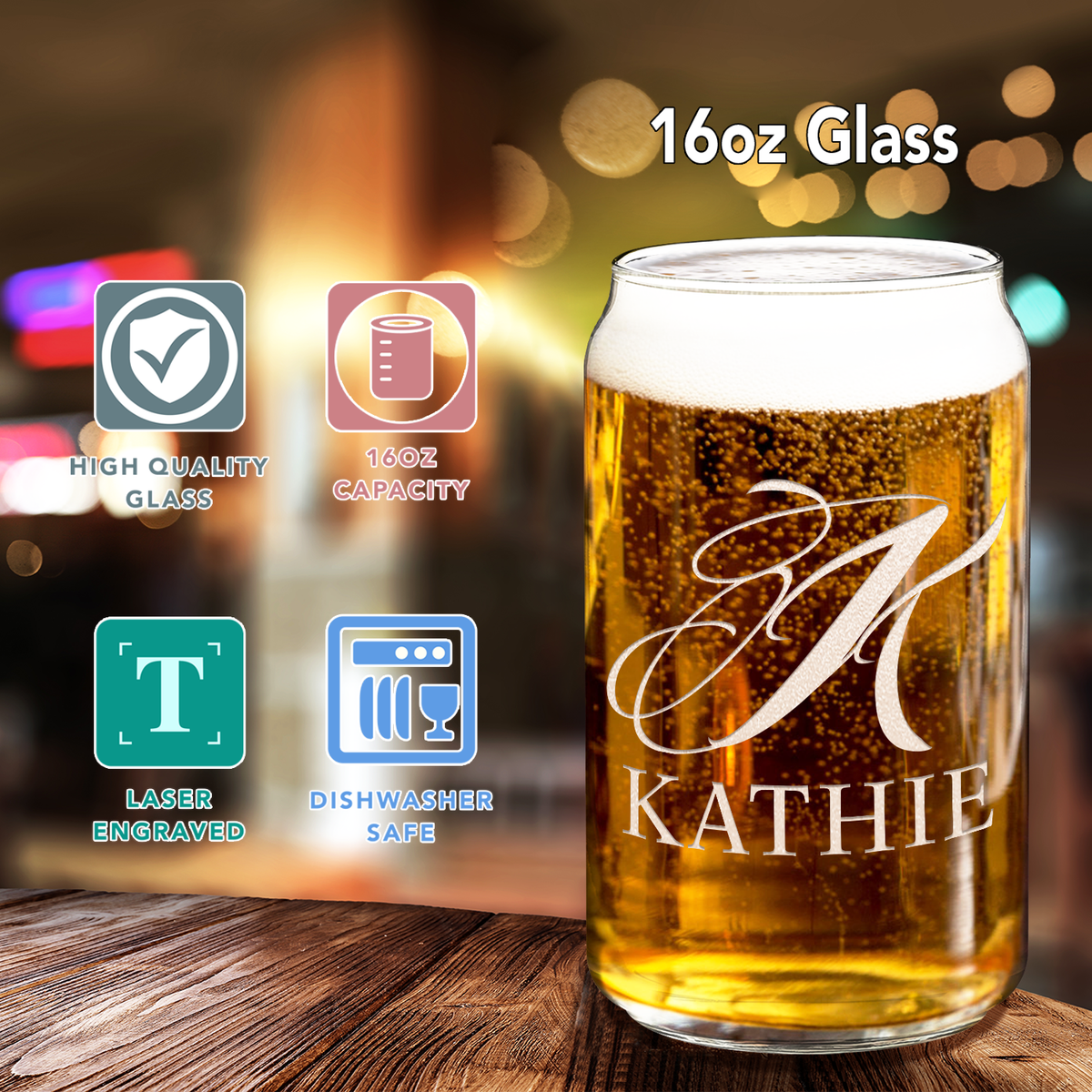 Personalized Script Monogram 16oz Glass Can