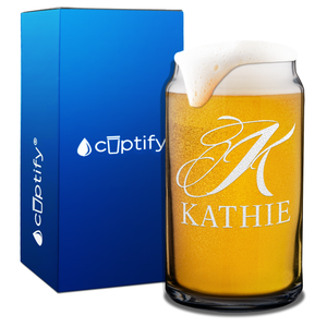 Personalized Script Monogram Initial and Name Etched 16oz Glass Can