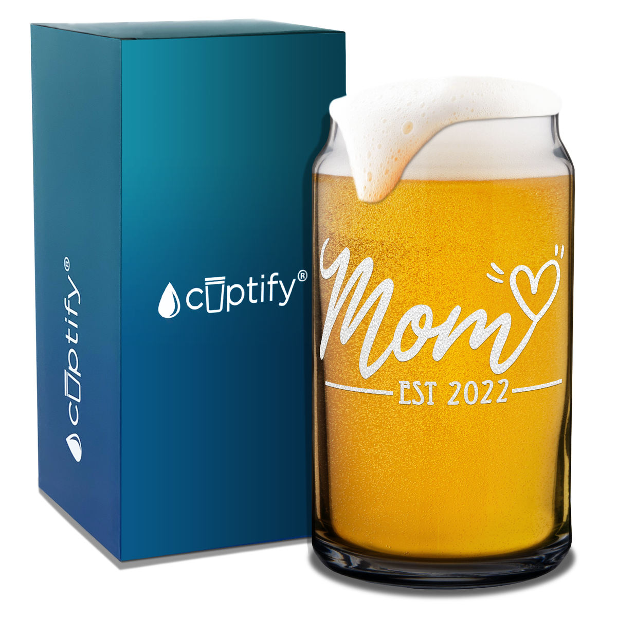  Mom Est 2022 Etched on 16 oz Beer Glass Can